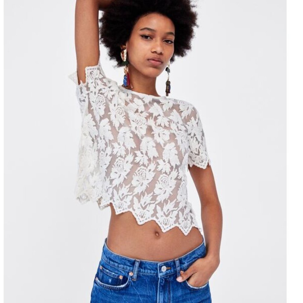 NEW ZARA cream ivory Embroidered tulle t-shirt